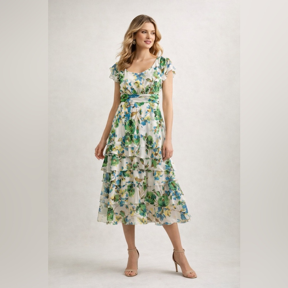 Jones New York Floral Tiered Midi Dress Ivory Green Blue Size 10 NWT